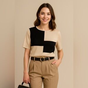 Black and Cream Colorblock Preppy Knit Cotton Top XL minimalist